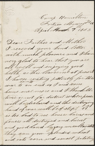 Letter from John Jubb, Camp Hamilton, Fortress Monroe Va., to Thomas and Harriet Jubb, West Chelmsford, Mass., April 7, 1862