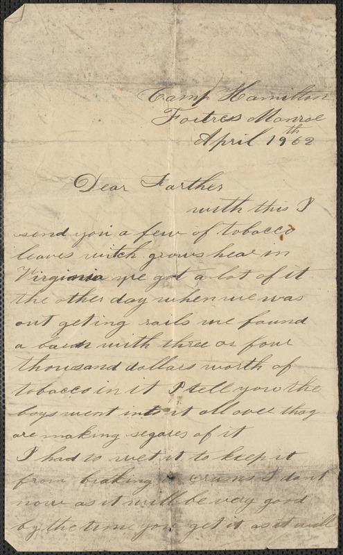 Letter from John Jubb, Camp Hamilton, Fortress Monroe, to Thomas Jubb, April 19, 1862