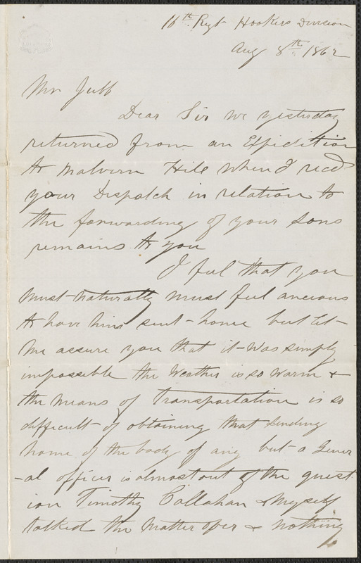 Letter from Thomas O'Hare to Thomas Jubb, West Chelmsford, Mass., August 8, 1862