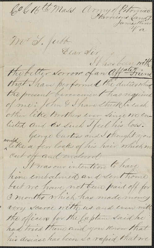 Letter from Edward E. Brown, Harrisons Landing, James River Va., to Thomas Jubb, West Chelmsford, Mass.
