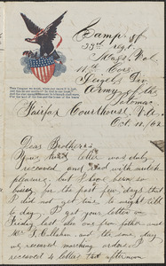 Letter from William Jubb, Fairfax Courthouse, V.A., to Jubb brothers, West Chelmsford, Mass., October 17, 1862