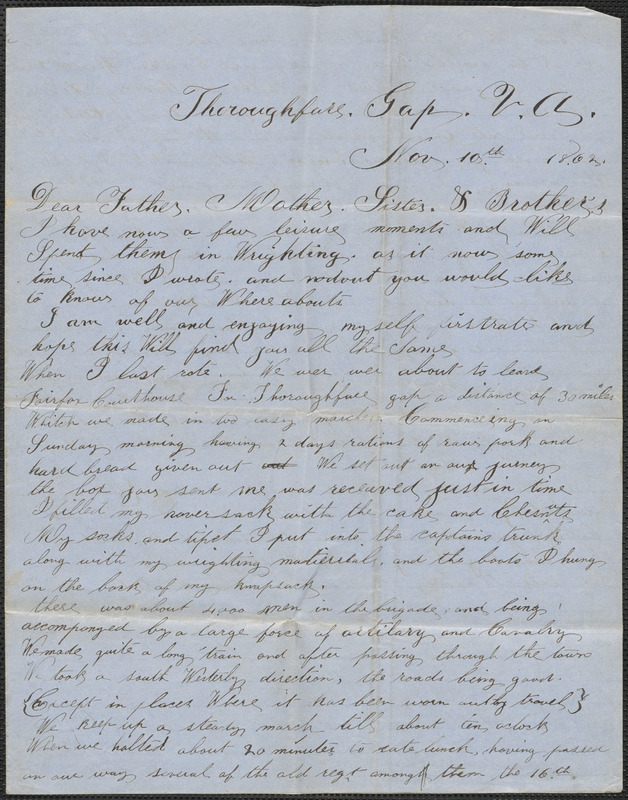 Letter from William Jubb, Thoroughfare Gap V.A., to Thomas and Harriet Jubb, West Chelmsford, Mass., November 10, 1862