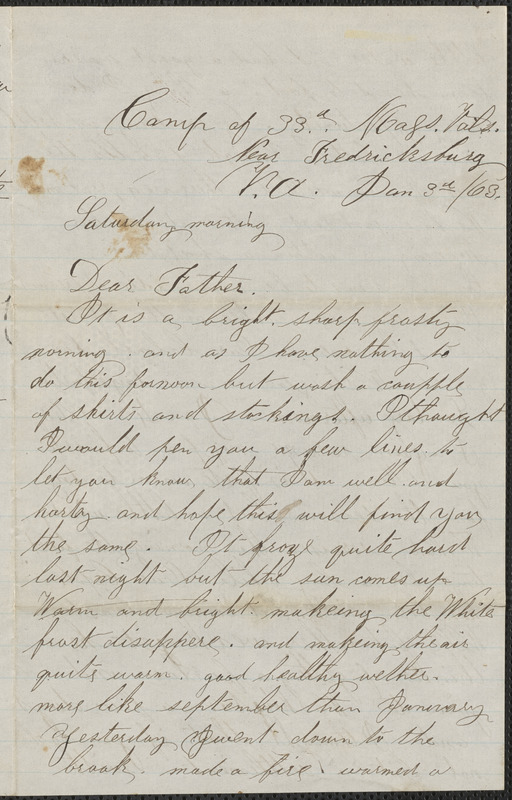 Letter from William Jubb, near Fredricksburg V.A., to Thomas Jubb, West Chelmsford, Mass., January 3, 1863
