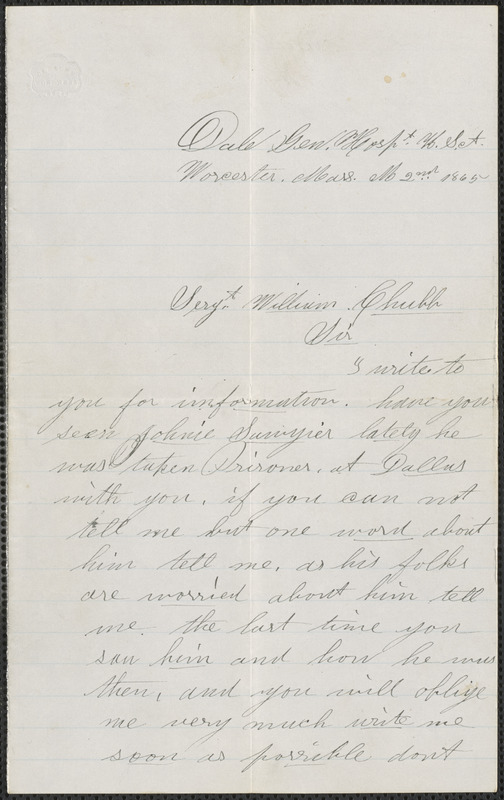 Letter from Fredric A. Griffin, Dale General Hospital, Worcester, Mass., to William Jubb, Chelmsford, Mass., May 2, 1865