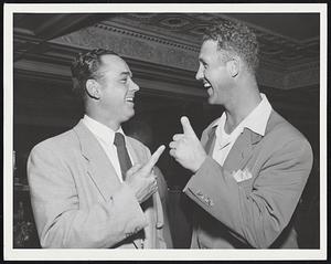 Ex Red Sox Stars Al Zarilla and Joe Dobson keeps fingers crossed in the lobby of the Hotel Kenmore as White Sox continue to amaze the league. The White Sox meets the Red Sox tonight at Fenway Park.