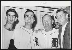 Mirthsome Foursome as the Detroit Tigers equaled the early-season victory output by taking a doubleheader from the New York Yankees. In fact, the previous two victories came weeks apart and that was why Manager Bill Norman was fired Saturday. Jimmy Dykes was names manager and the double victory resulted. Left to right are the Tiger heroes, Don Mossi, who won the second game yesterday; Charley Maxwell, once the Red Sox, who equaled a major league record by hitting four consecutive homers and drove in eight runs; Dykes, and Frank Larry, who pitched the opening victory. That was Lary’s 17th victory in over the record, with only five losses in his lifetime record.