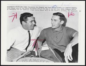 Teammates Jim Fregosi and Dean Chance (L-R), Los Angeles Angels, talk things over at the Hotel Roosevelt 7/6 on the eve of the All Star game. Fregosi starts at shortstop for the American League while Chance will be the starting pitcher.