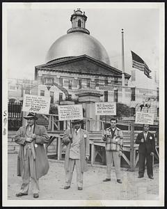 State Workers Picket for Raise--Representatives of the Massachusetts State Council of State, County and Municipal Employes, AFL, picket the State House in protest against the delay in payment of the wage boost approved by the Legislature last month.