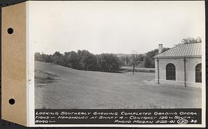 Contract No. 130, Grading, Loaming, and Grassing Vicinity of Shaft 4, Pressure Aqueduct, Southborough, and Improvement of Access Roads to the Intake Works and at Norumbega Reservoir, Marlborough, Southborough, Weston, looking southerly showing completed grading operations, headhouse at Shaft 4, Southborough, Mass., May 22, 1941