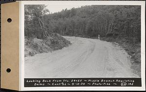 Contract No. 66, Regulating Dams, Middle Branch (New Salem), and East Branch of the Swift River, Hardwick and Petersham (formerly Dana), looking back from Sta. 24+25, middle branch regulating dams, Hardwick, Mass., Sep. 12, 1939