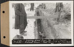 Contract No. 70, WPA Sewer Construction, Rutland, "C" line, looking ahead from Sta. 9+75 towards manhole 3C, Rutland Sewer, Rutland, Mass., Jan. 9, 1941