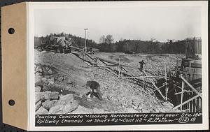 Contract No. 112, Spillway at Shaft 2 of Quabbin Aqueduct, Holden, pouring concrete, looking northeasterly from near Sta. 180 degrees, spillway channel at Shaft 2, Holden, Mass., Oct. 28, 1940