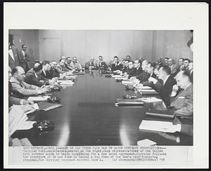 Last of Big Three Face UAW in Labor Contract Negotiations--Chrysler Corp. negotiators, seated on the right, face representatives of the United Auto Workers union to begin bargaining for a new labor agreement. Chrysler followed the procedure of GM and Ford in taking a dim view of the UAW's profit-sharing proposal. The Chrysler contract expires June 1.