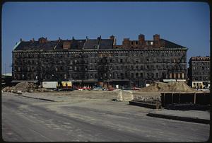 Pan from right to left on Atlantic Avenue, toward Commercial Wharf Street around past Custom House toward apartments