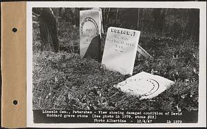 View showing damaged condition of David Goddard grave stone, Lincoln Cemetery, Petersham, Mass., Dec. 4, 1947