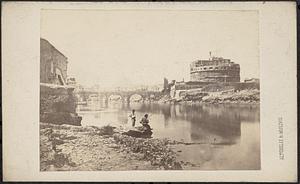 Two men fishing on the Tiber River, the Castel and Ponte Sant'Angelo in background