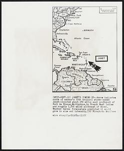 Janet's Coming up--Arrow indicates route of season's 10th tropical storm--named Janet--located about 250 miles east southeast of Fort de France, Martinique, in French West Indies and roughly 1,700 miles southeast of Miami. Weather bureau forecasters predicted it would grow in size and intensity.