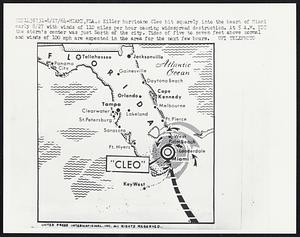 Killer hurricane Cleo hit squarely into the heart of Miami early 8/27 with winds of 110 miles per hour causing widespread destruction. At 5 A.M. EDT the storm’s center was just North of the city. Tides of five to seven feet above normal and winds of 100 mph are expected in the area for the next few hours.