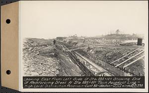 Contract No. 80, High Level Distribution Reservoir, Weston, looking east from left side of Sta. 885+10+/- showing end of reinforcing steel at Sta. 885+00+/- twin aqueduct line, high level distribution reservoir, Weston, Mass., Apr. 17, 1940