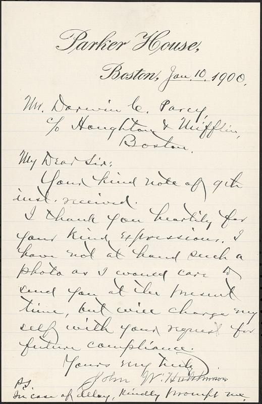 Letter from John W. Hutchinson, Boston, to Darwin C. Pavey, Boston, 1900 January 10