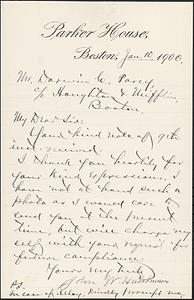 Letter from John W. Hutchinson, Boston, to Darwin C. Pavey, Boston, 1900 January 10