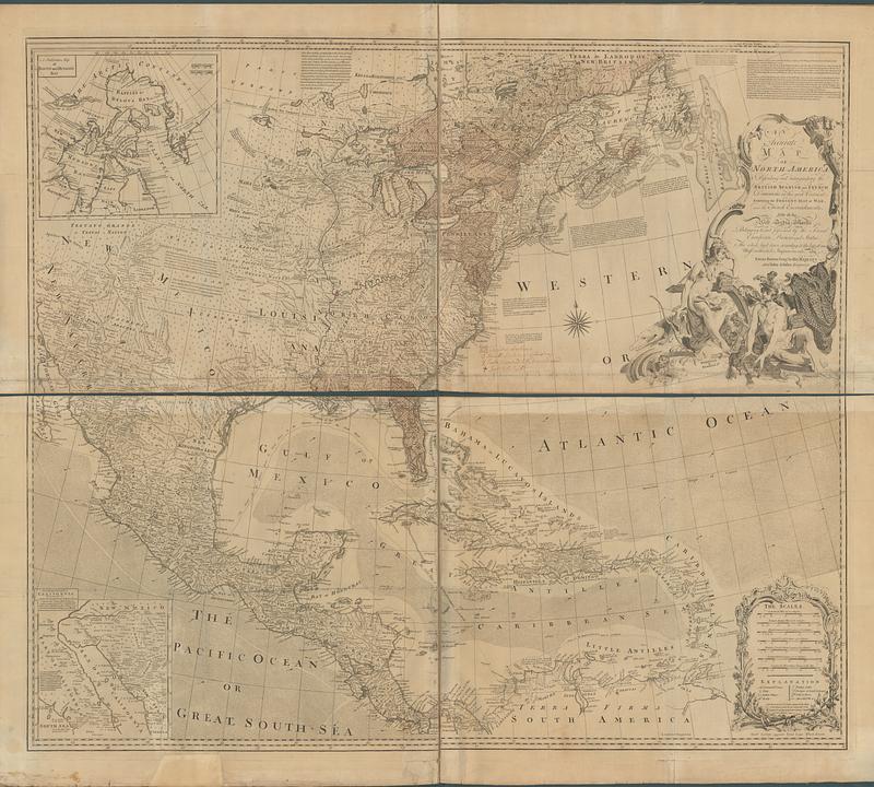 An accurate map of North America describing and distinguishing the British, Spanish and French dominions on this great continent; exhibiting the present seat of war, and the French encroachments