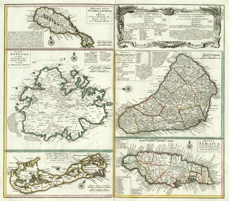 Die Englische Colonie-Lænder auf den Insuln von America und zwar die Insuln S. Christophori, Antegoa, Jamaica, Barbados alles Antillische insuln samt den Ins Bermudes, sonst. Sommers genannt