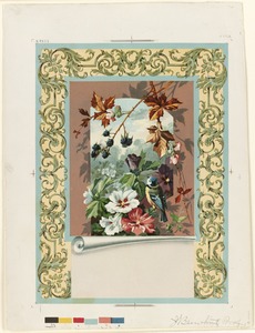 Floral motif with bird and blackberries