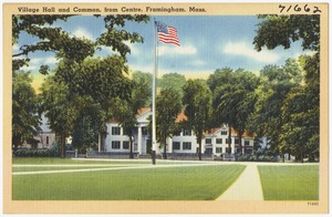 Village hall and common, from centre, Framingham, Mass.