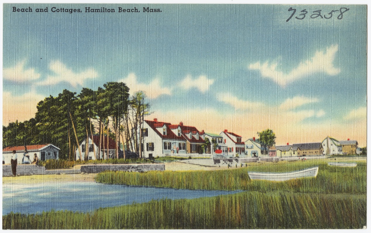 Beach and cottages, Hamilton Beach, Mass.