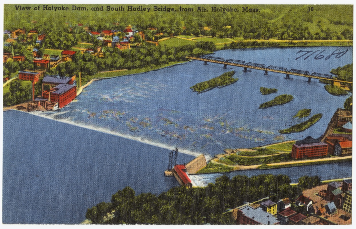 View of Holyoke Dam, and South Hadley Bridge, from air, Holyoke, Mass