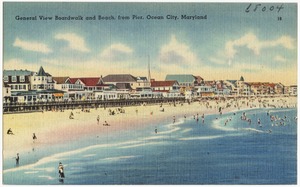 General view boardwalk and beach, from pier, Ocean City, Maryland
