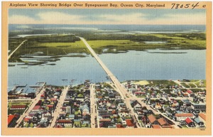 Airplane view showing bridge over Synepuxent Bay, Ocean City, Maryland