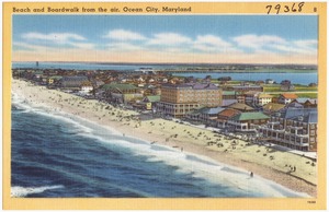 Beach and boardwalk from the air, Ocean City, Maryland