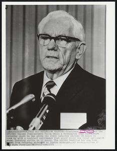 Extension Granted--President I. W. Abel of the AFL-CIO United Steelworkers Union tells a Washington news conference Saturday night he has given the steel industry another 24 hours to come up with a contract settlement that would avoid the first nationwide steel industry strike in 12 years. The strike deadline has now been moved from Saturday midnight to Sunday midnight.