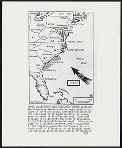 Hurricane continues Toward Mainland -- Map shows approximate location and direction tonight of hurricane Diane, centered approximately 500 miles east of St. Augustine, Fla., and moving west northwest at 15 miles per hour. Hurricane warnings are displayed from north of Brunswick, Ga., to Wilmington, N.C. (shaded area). Storm warnings are displayed elsewhere from St. Augustine to the Virginia capes. The hurricane alert extends north of Wilmington to the Virginia capes.