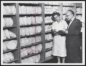 Just in Case-Mrs. Ellen Alerel, R.N., supervisor of sterile supply at City Hospital, checks inventory with Dr. James V. Sacchetti, assistant superintendent, as institution prepared for possibility that tornado might strike the area.