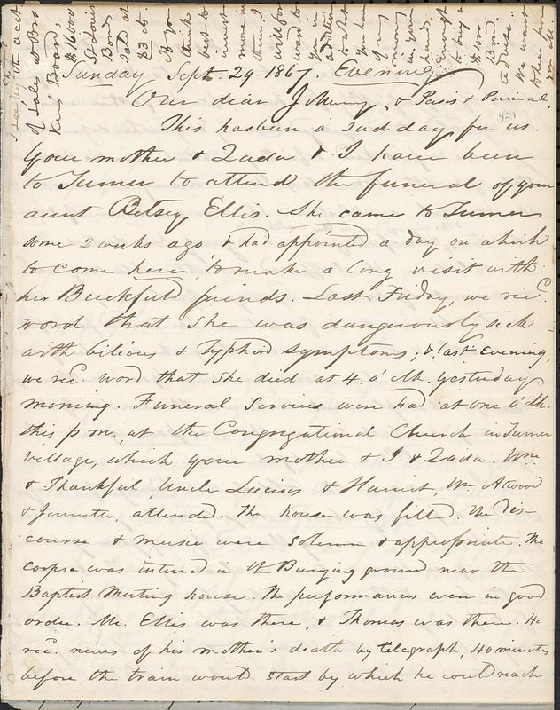 Letter from Zadoc Long to John D. Long, September 29, 1867