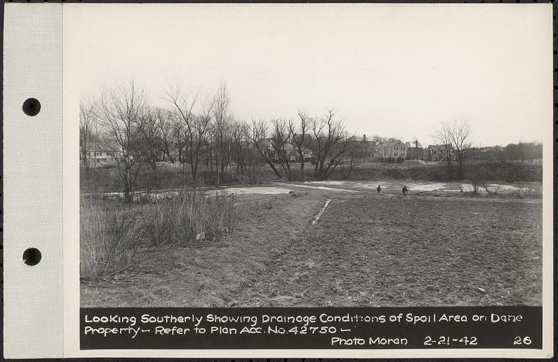 Views of Dane Property, Chestnut Hill Site, Newton Cemetery Site, Boston College Site, looking southerly showing drainage conditions of spoil area on Dane property, Chestnut Hill, Brookline, Mass., Feb. 21, 1942