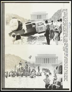 Washington: Following a huge "Honor America Day" ceremony at the Lincoln Memorial 7/4 a group of dissident youths pushes a lightning truck into the Reflecting Pool in front of the Memorial (top). after it was into the water they climbed onto the truck and waved a non-American flag.