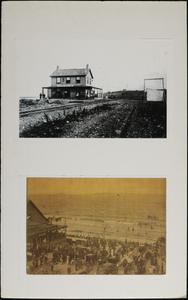 Cove House railroad stop and railroad café on the beach with Nahant visible in background