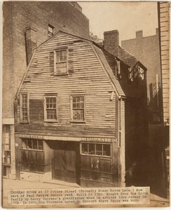 Thoreau House at 57 Prince Street (formerly Black Horse Lane). Nowpart of Paul Revere School yard. Built in 1720. Bought from the Orrok family by Henry Thoreau's grandfather when he arrived from Jersey in 1773. In 1800 the Thoreaus moved to Concord where Henry was born