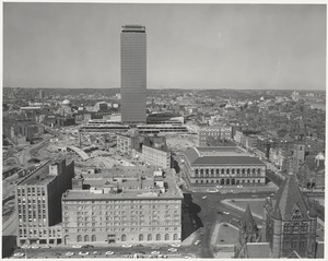 Aerial view of Copley Square, Prudential Center, and Back Bay from John Hancock Insurance Building