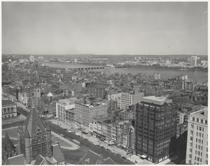 Aerial view of Copley Square, Boylston Street and Back Bay from John Hancock Insurance Building