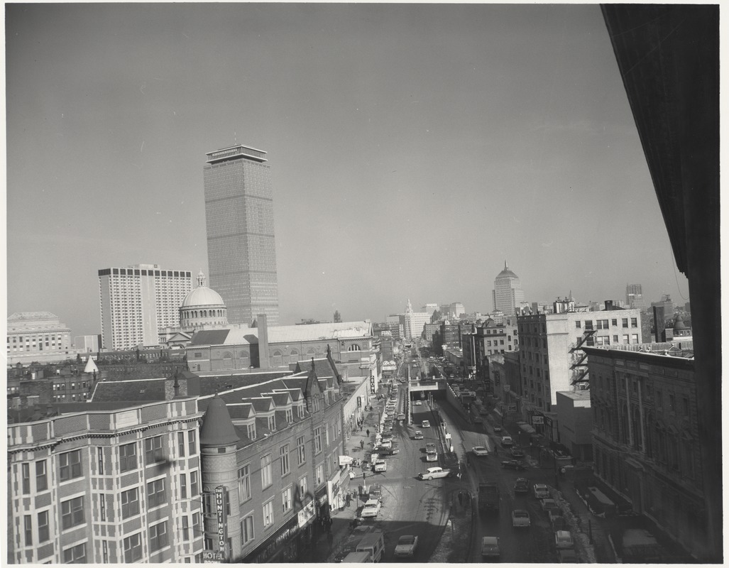 Huntington Avenue from window of YMCA showing also Prudential Bldg., Mother Church, & Sheraton Hotel
