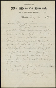 Letter from Lucy Stone, Office of The Woman's Journal, No. 3 Tremont Place, Boston, to William Lloyd Garrison, May 4, 1872