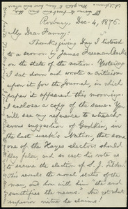 Letter from William Lloyd Garrison, Roxbury, [Mass.], to Fanny Garrison Villard, Dec. 4, 1876