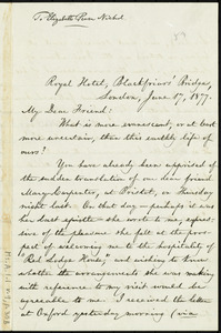 Letter from William Lloyd Garrison, Royal Hotel, Blackfriars' Bridge, London, [England], to Elizabeth Pease Nichol, June 17, 1877
