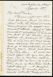 Letter from William Lloyd Garrison, 125 Highland Street, [Boston], to Caroline Coddington Thayer, Sept. 29, 1877