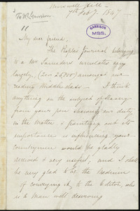 Letter from William Henry Ashurst, Muswell Hill, [England], to William Lloyd Garrison, 7th Feb'y 1847